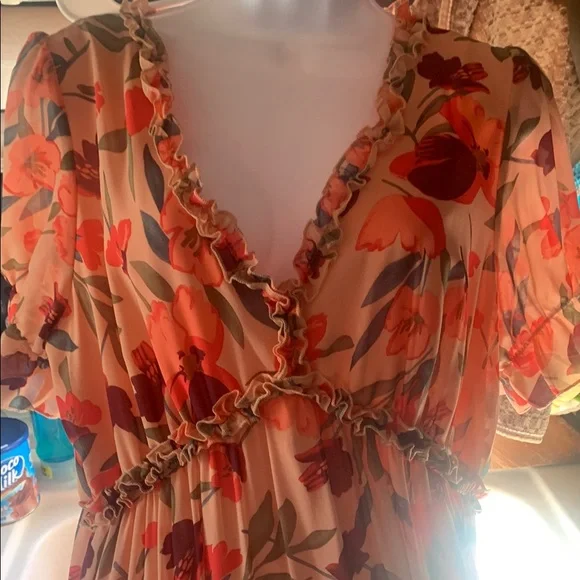 Floral V-Neck Maxi Dress - Orange and Pink - Picture 2 of 2